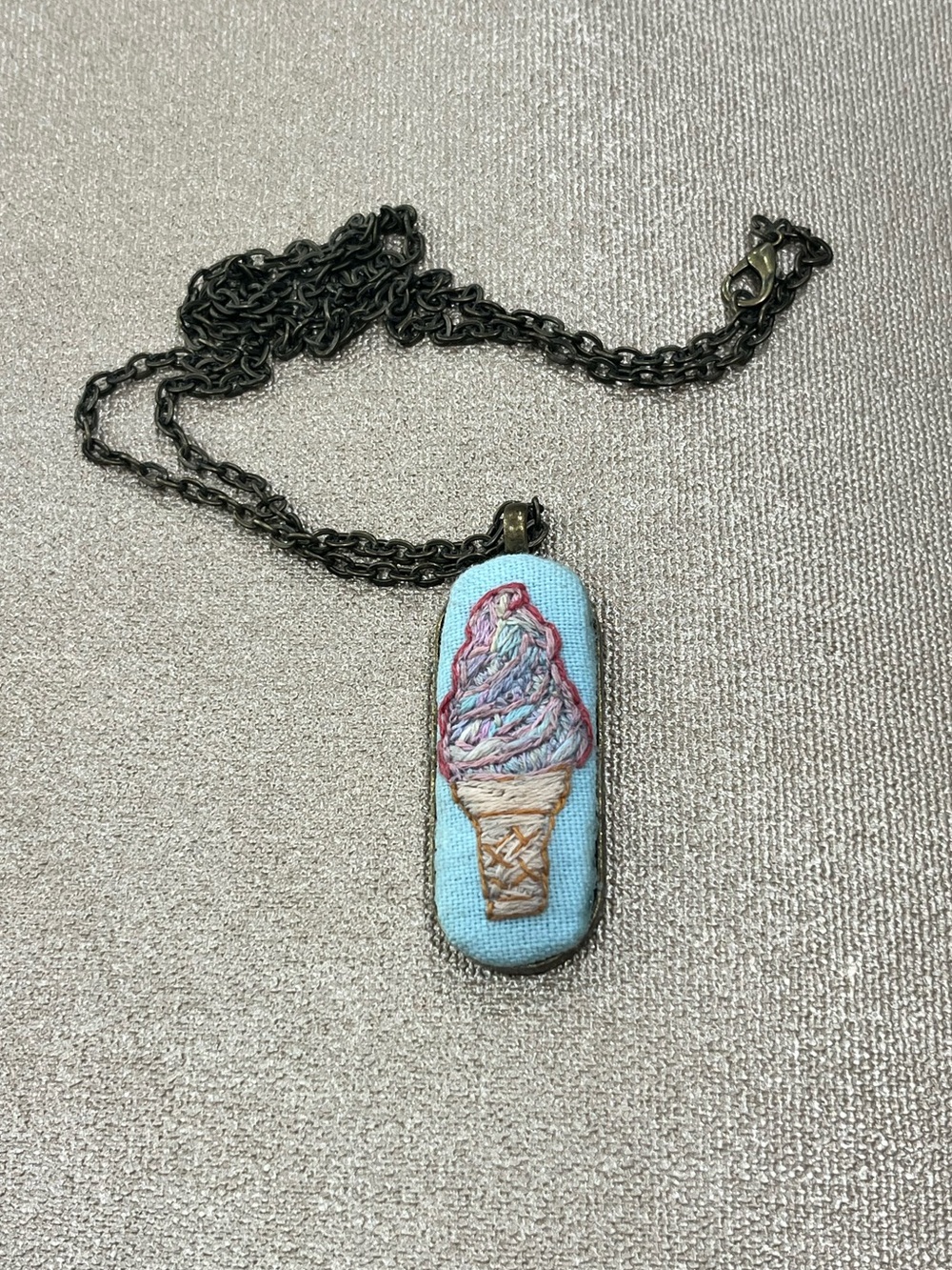 Hand-Embroidered Ice Cream Cone Pendant Necklace in Light Blue - Picture 2 of 4
